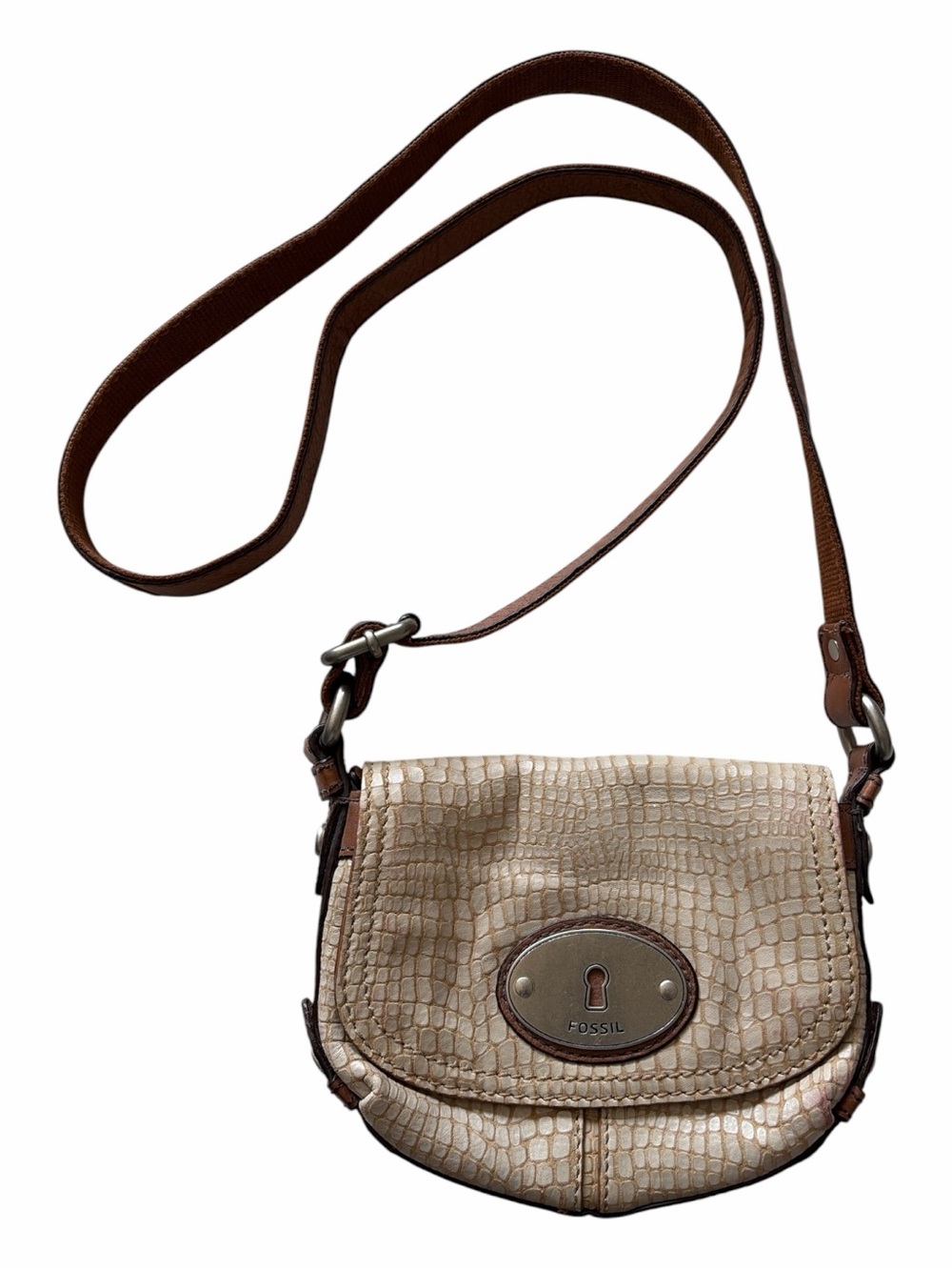 Fossil Maddox Long Live Vintage Tan Croc-Embossed Leather Crossbody Purse